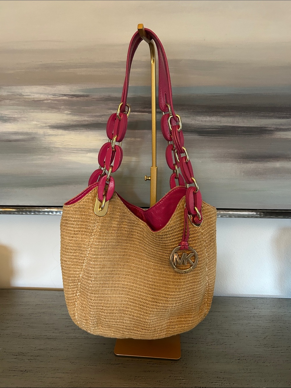 Michael Kors Tan Woven Shoulder Bag with Hot Pink Strap